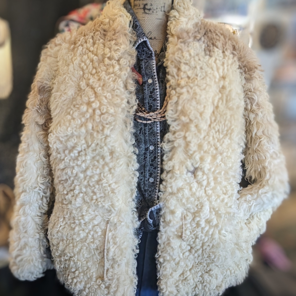 Vintage 1970s Mongolian Curly Lamb Fur Jacket Shaggy Bohemian Boho Cream Coat S